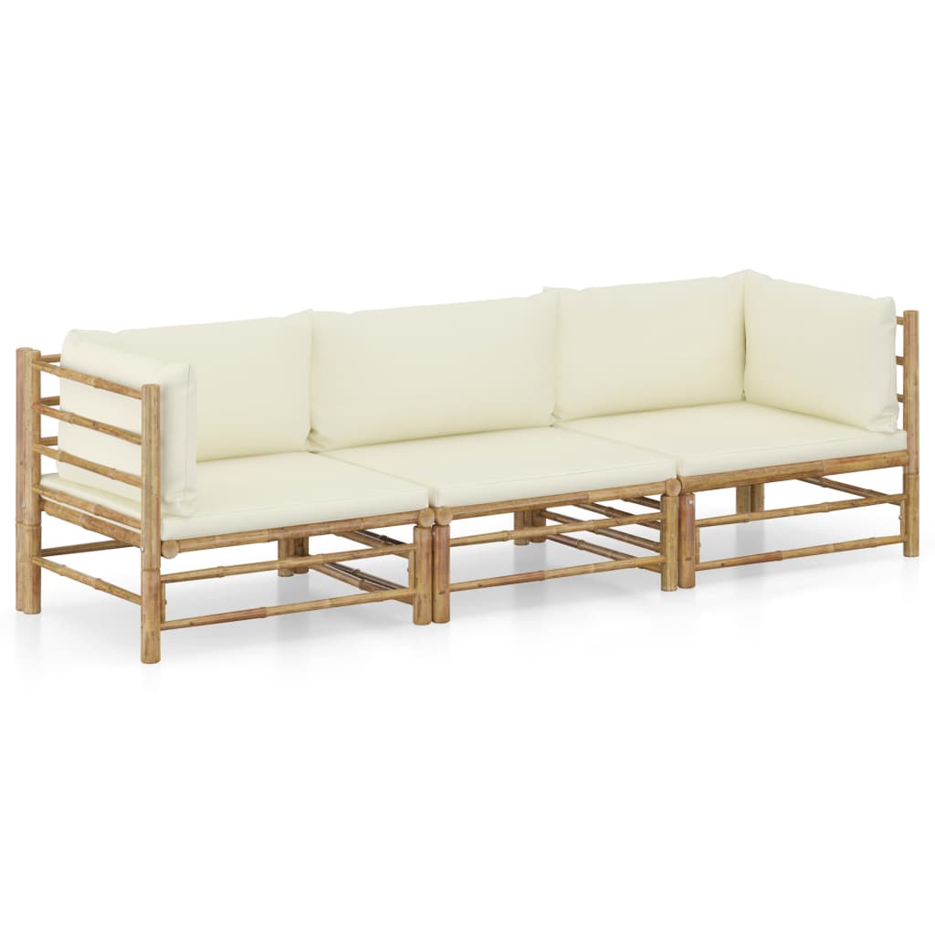 Vetonek Set de muebles de jardín 3 piezas bambú y cojines blanco crema