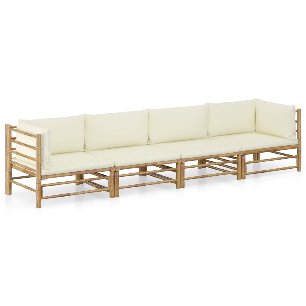 Vetonek Set de muebles de jardín 4 piezas bambú y cojines blanco crema