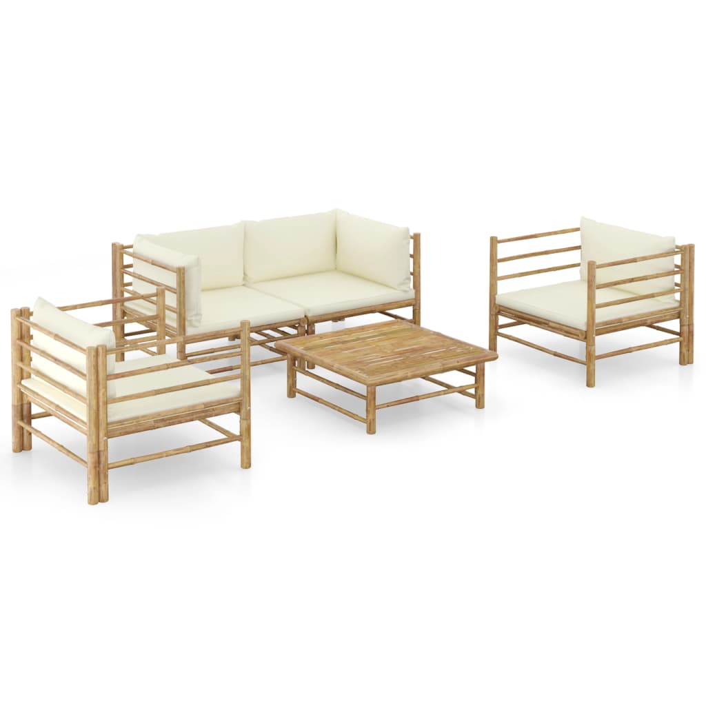 Vetonek Set de muebles de jardín 5 piezas bambú y cojines blanco crema