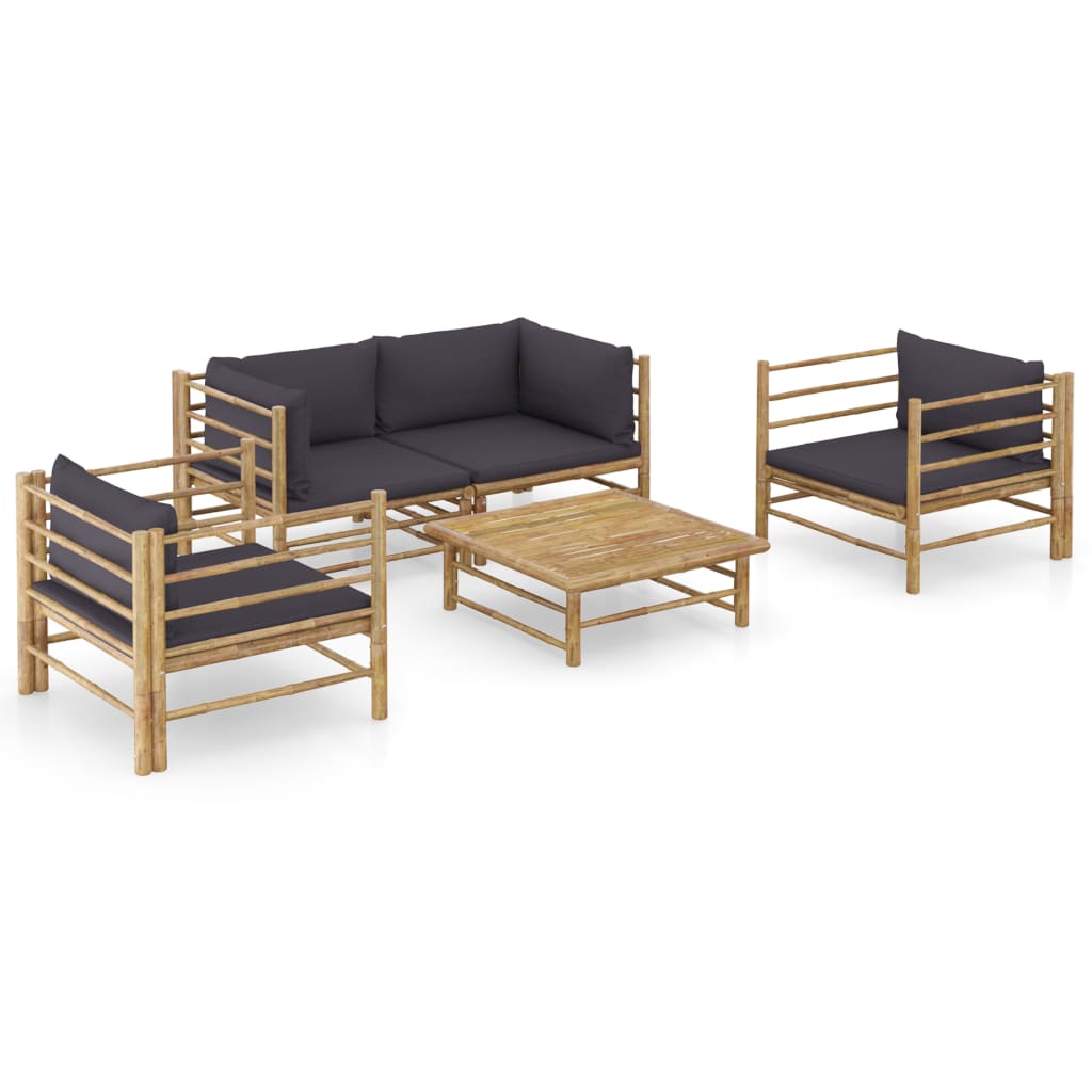 Vetonek Set de muebles de jardín 5 piezas bambú con cojines gris oscuro