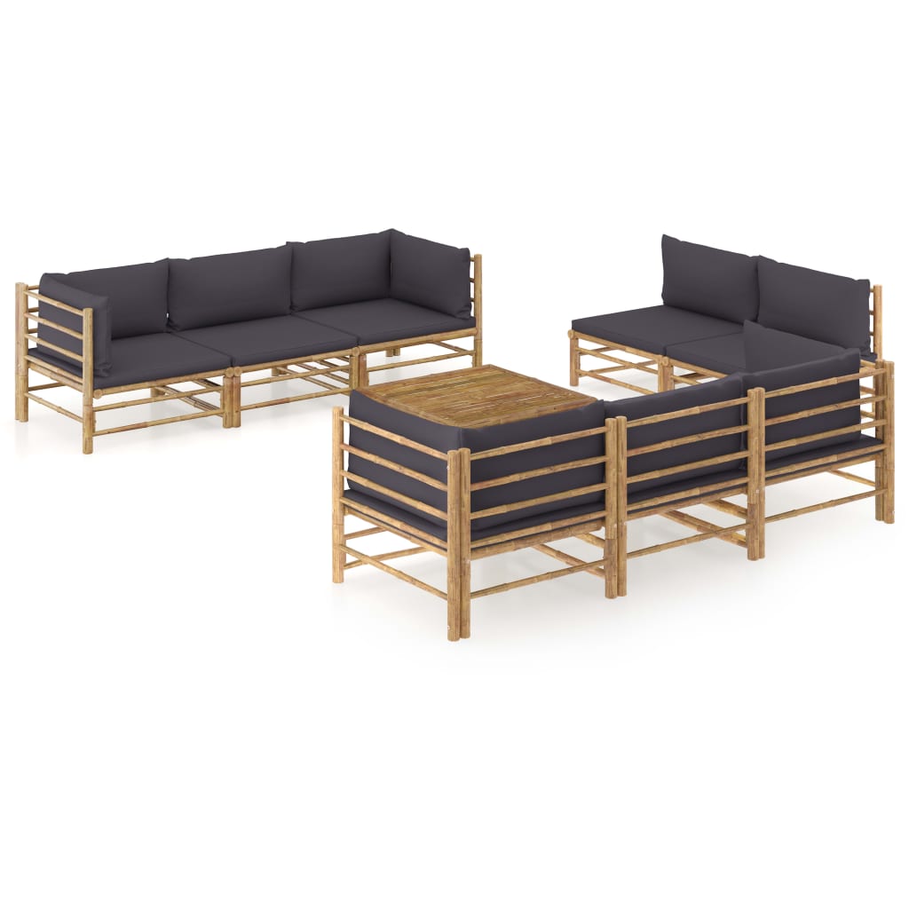 Vetonek Set de muebles de jardín 9 piezas bambú y cojines gris oscuro