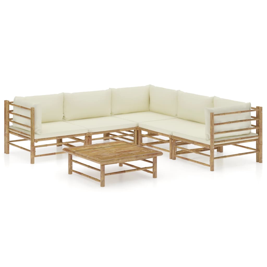 Vetonek Set de muebles de jardín 6 piezas bambú y cojines blanco crema