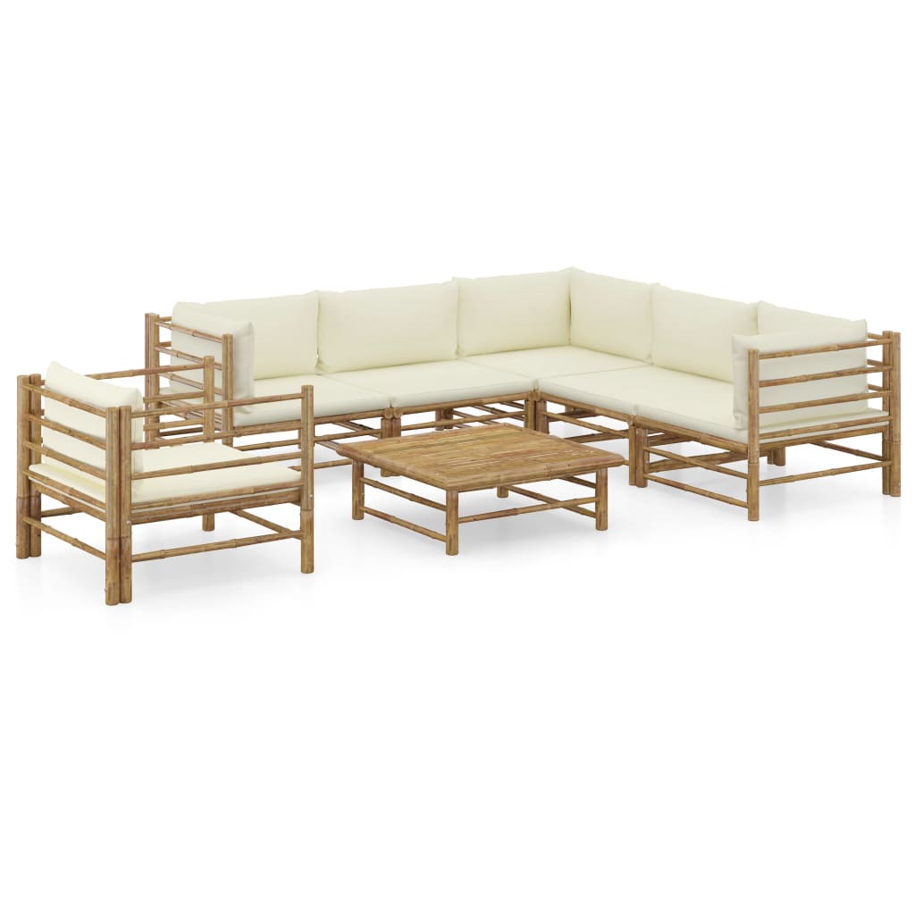 Vetonek Set de muebles de jardín 7 piezas bambú y cojines blanco crema