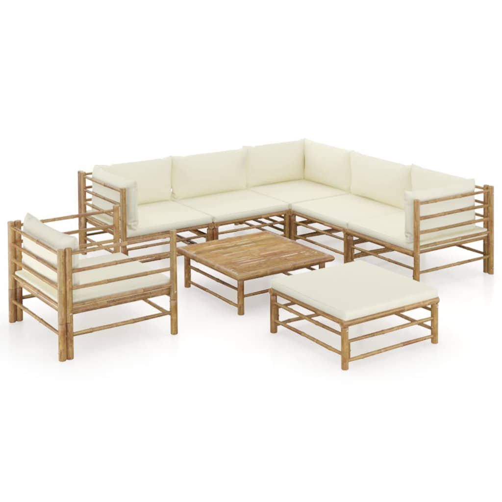 Vetonek Set de muebles de jardín 8 piezas bambú y cojines blanco crema