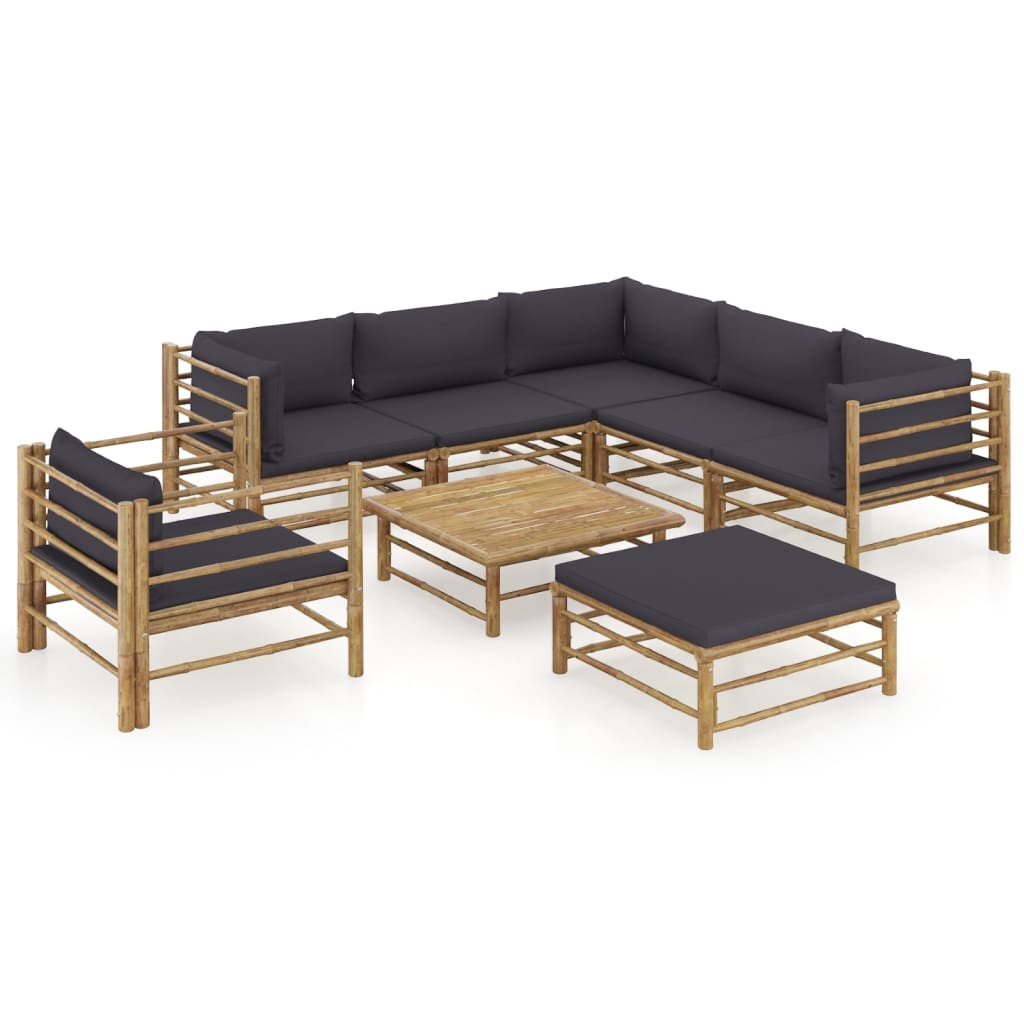 Vetonek Set de muebles de jardín 8 piezas bambú con cojines gris oscuro