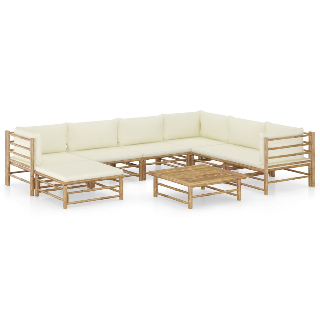 Vetonek Set de muebles de jardín 8 piezas bambú y cojines blanco crema