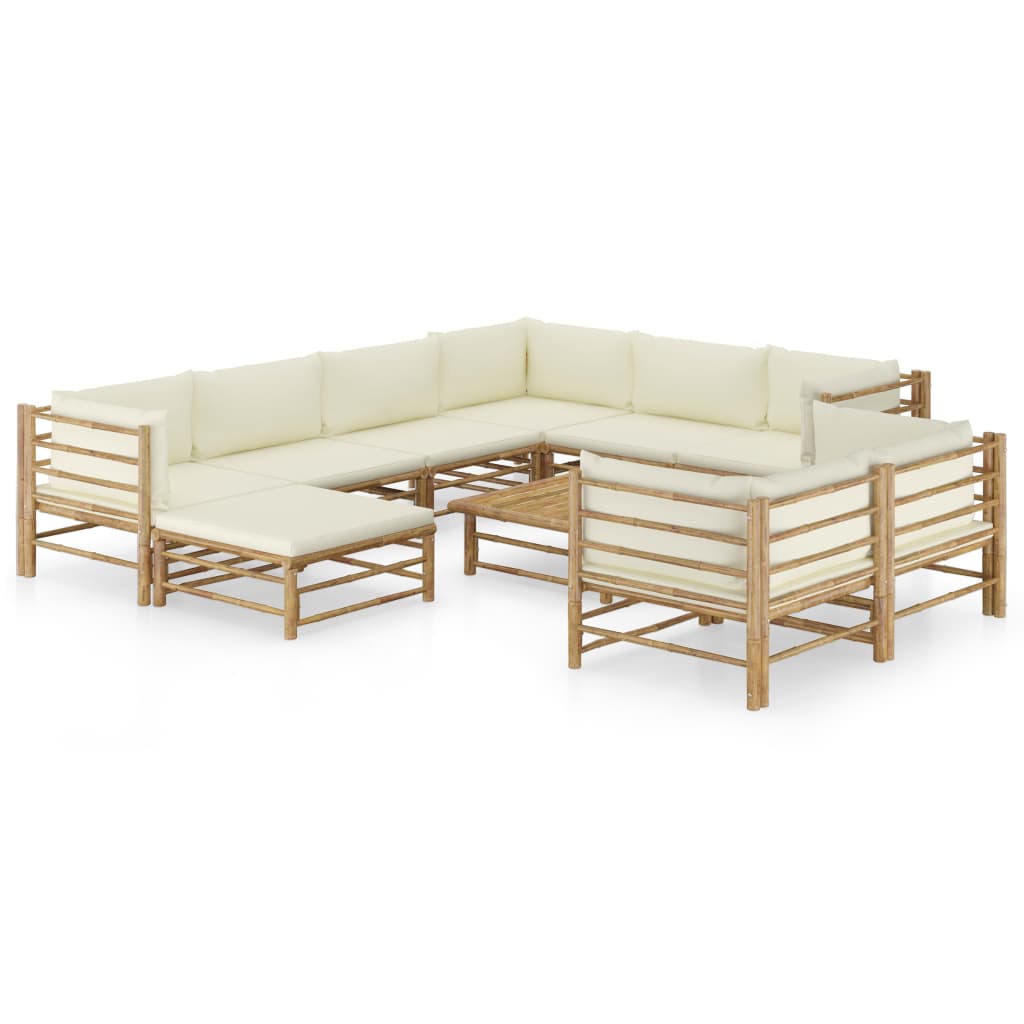 Vetonek Set de muebles de jardín 10 piezas bambú y cojines blanco crema