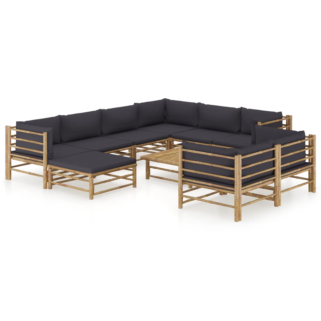 Vetonek Set de muebles de jardín 10 pzas bambú con cojines gris oscuro