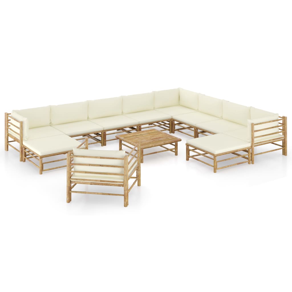 Vetonek Set de muebles de jardín 12 piezas bambú y cojines blanco crema