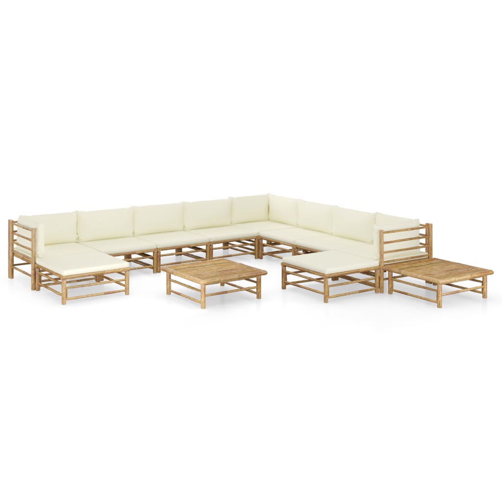 Vetonek Set de muebles de jardín 12 piezas bambú y cojines blanco crema