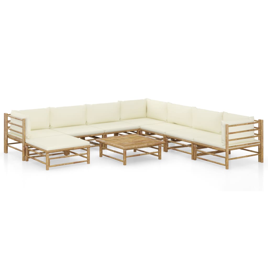 Vetonek Set de muebles de jardín 9 piezas bambú y cojines blanco crema