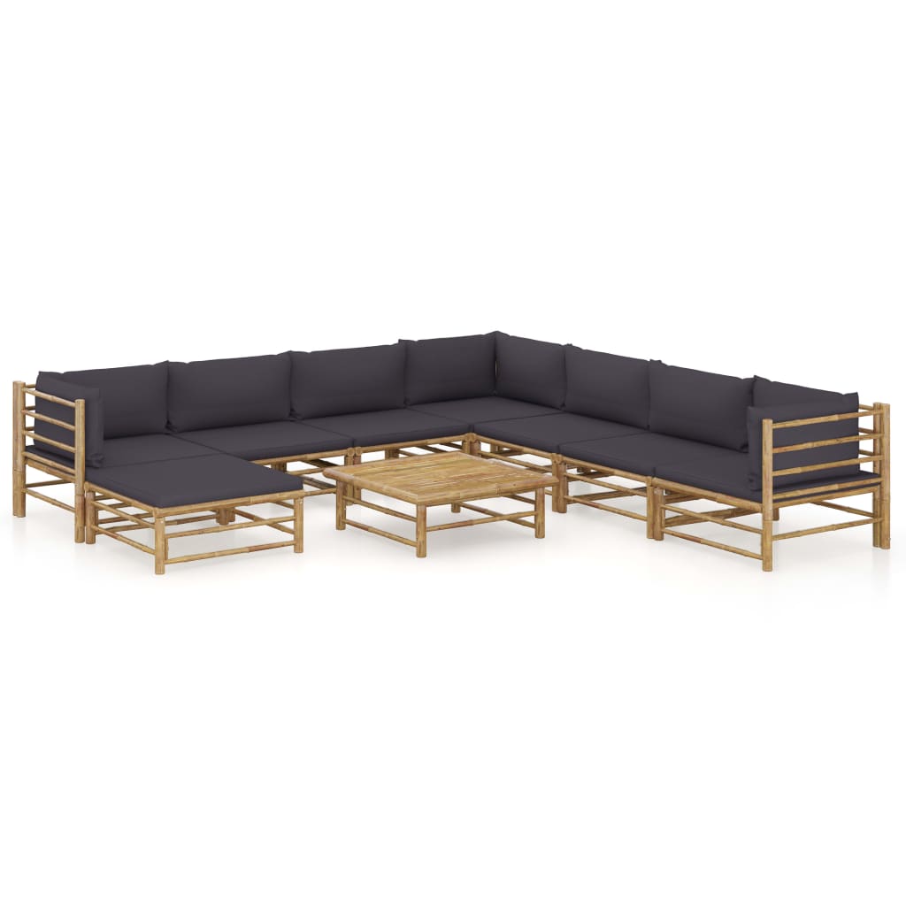 Vetonek Set de muebles de jardín 9 piezas bambú con cojines gris oscuro