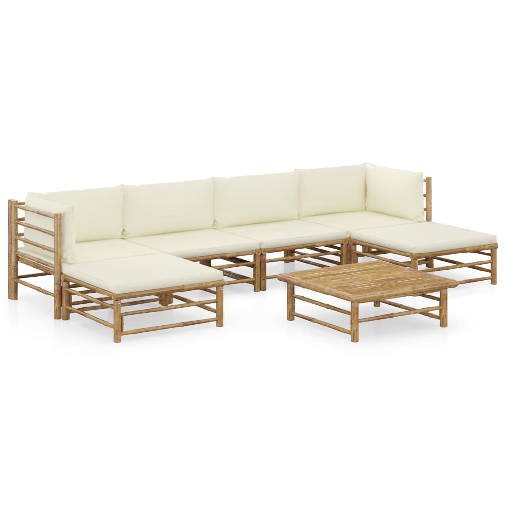 Vetonek Set de muebles de jardín 7 piezas bambú y cojines blanco crema