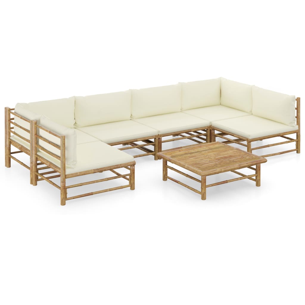 Vetonek Set de muebles de jardín 7 piezas bambú y cojines blanco crema