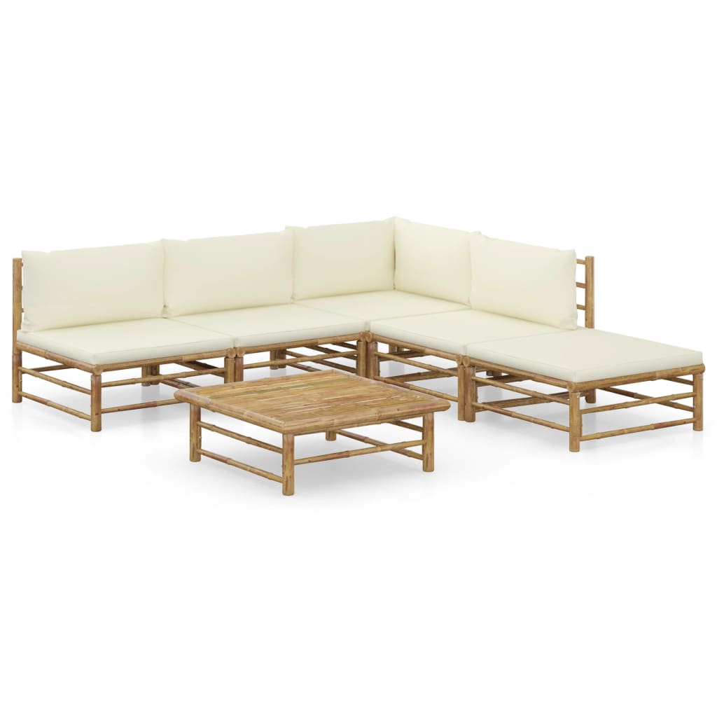 Vetonek Set de muebles de jardín 6 piezas bambú y cojines blanco crema