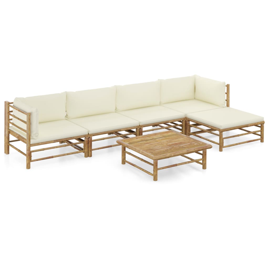 Vetonek Set de muebles de jardín 6 piezas bambú y cojines blanco crema