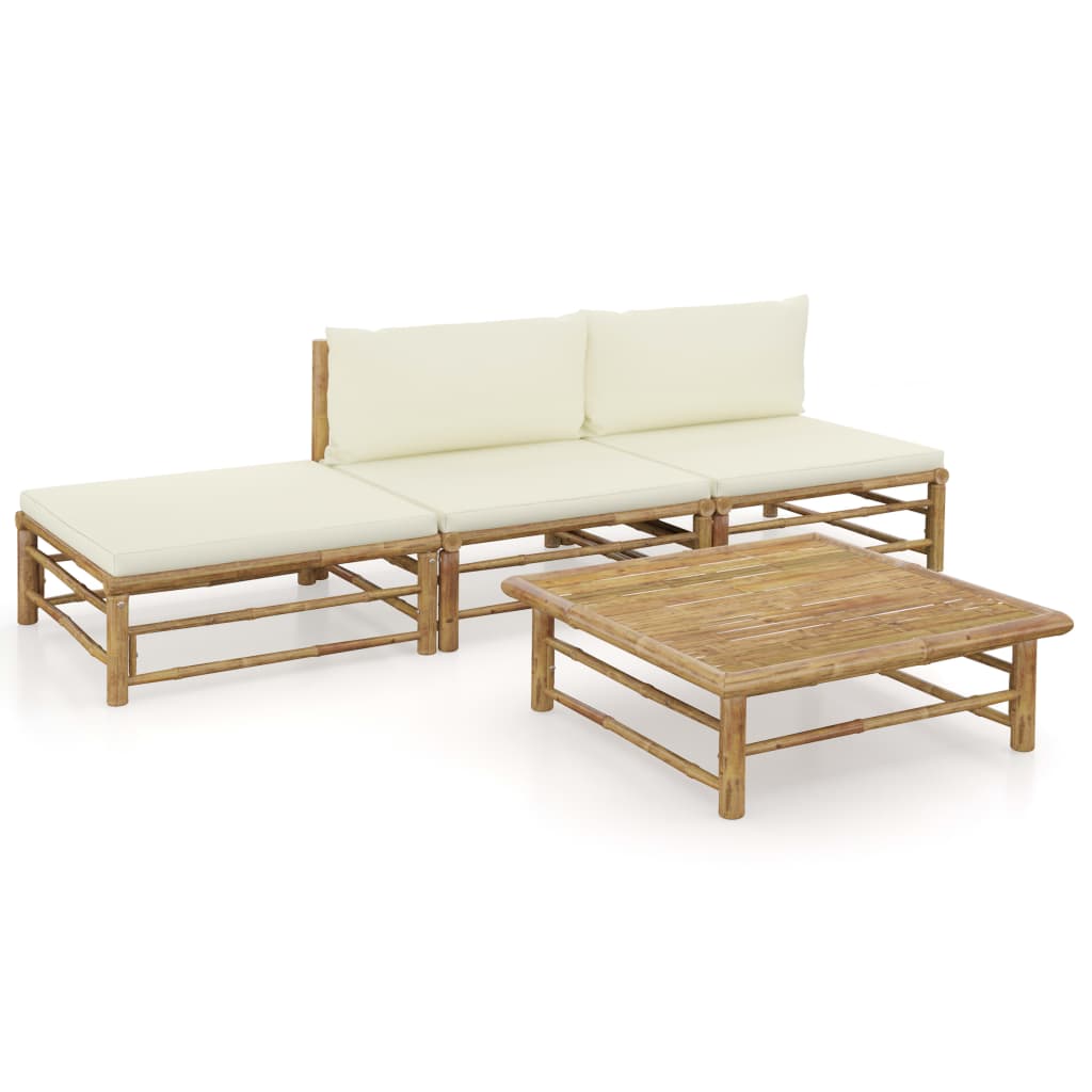 Vetonek Set de muebles de jardín 4 piezas bambú y cojines blanco crema