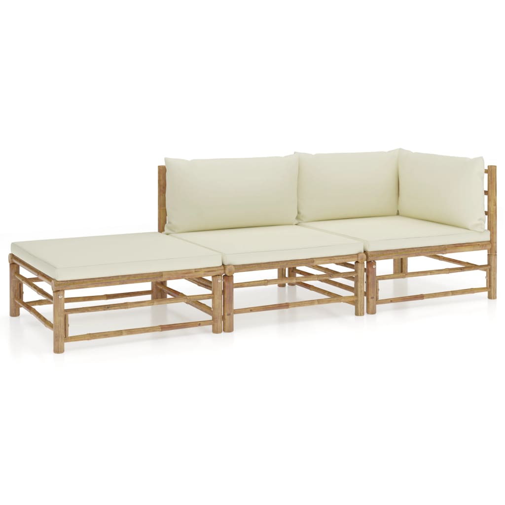 Vetonek Set de muebles de jardín 3 piezas bambú y cojines blanco crema