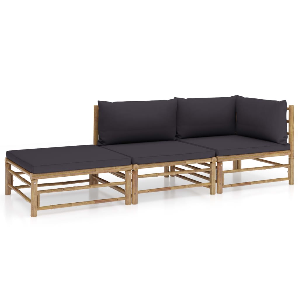 Vetonek Set de muebles de jardín 3 piezas bambú y cojines gris oscuro