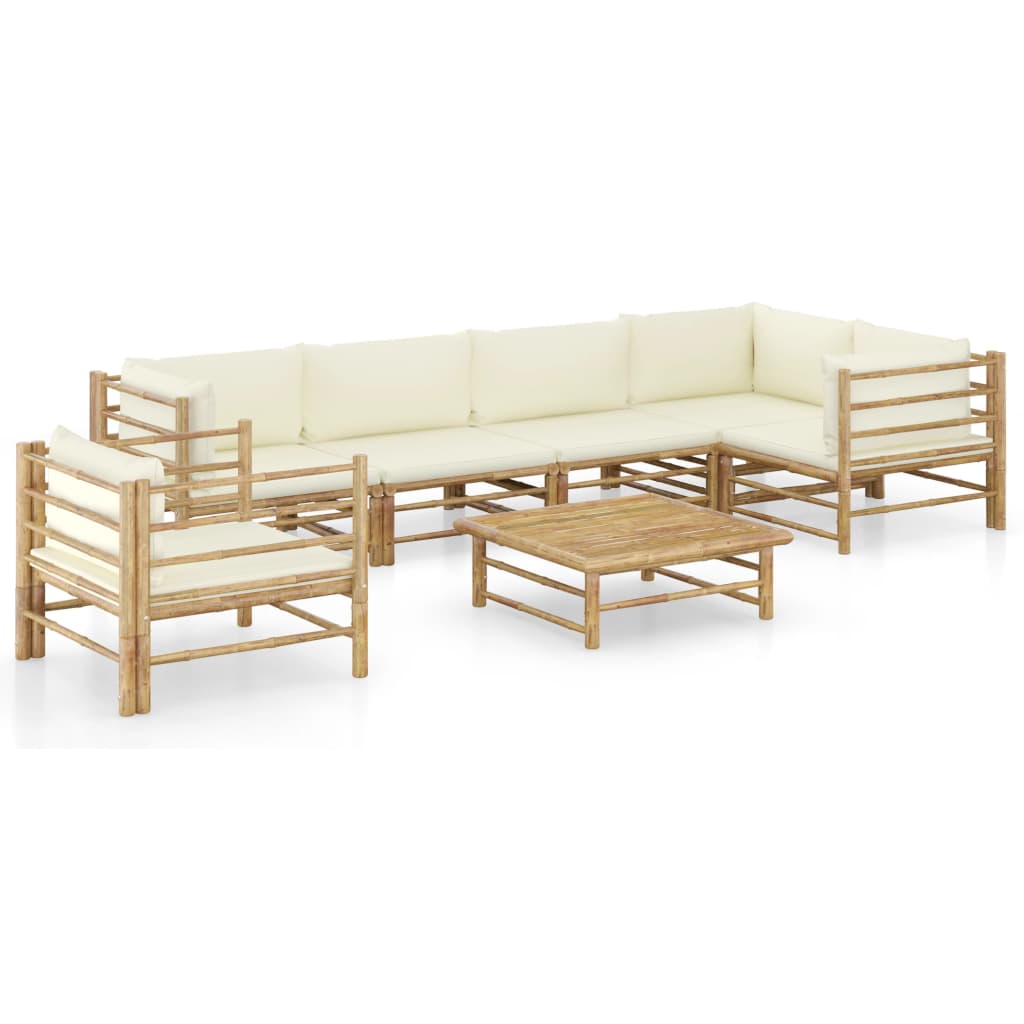 Vetonek Set de muebles de jardín 7 piezas bambú y cojines blanco crema