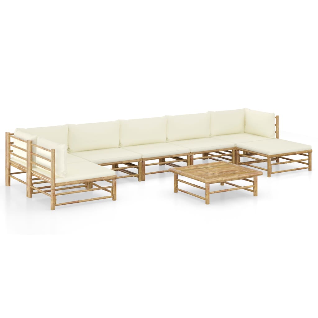 Vetonek Set de muebles de jardín 8 piezas bambú y cojines blanco crema