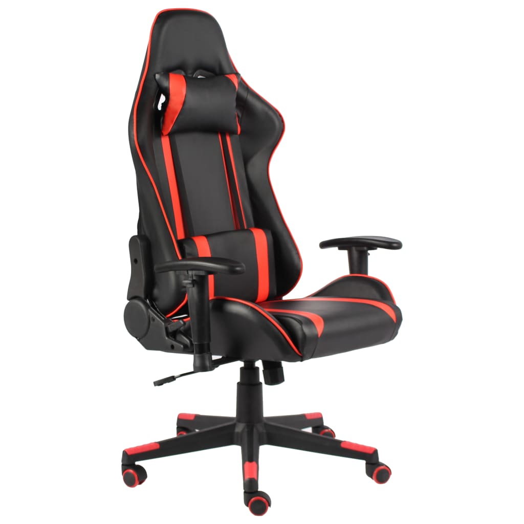 Silla gaming giratoria en PVC rojo con soporte lumbar y dos almohadas ergonómicas para mayor comodidad.