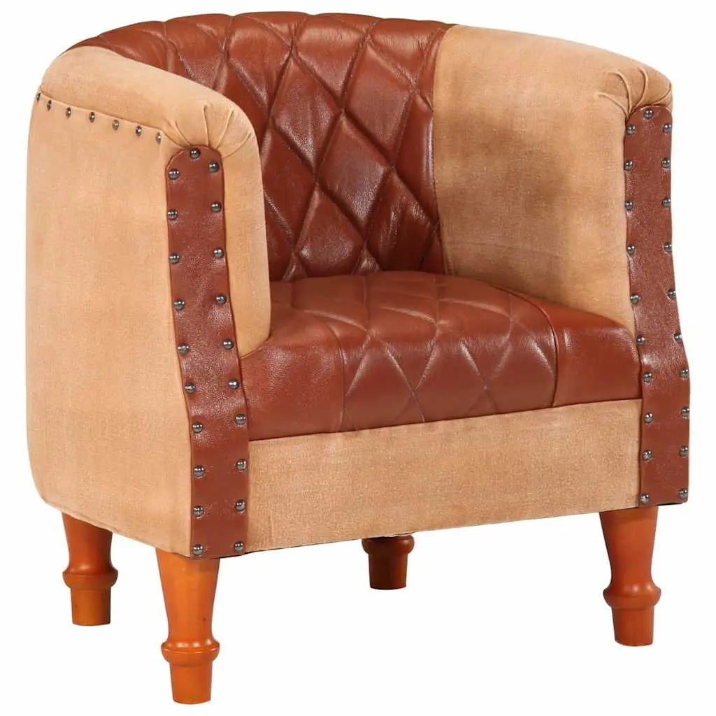 Vetonek Sillón de cuero auténtico y madera maciza de mango marrón