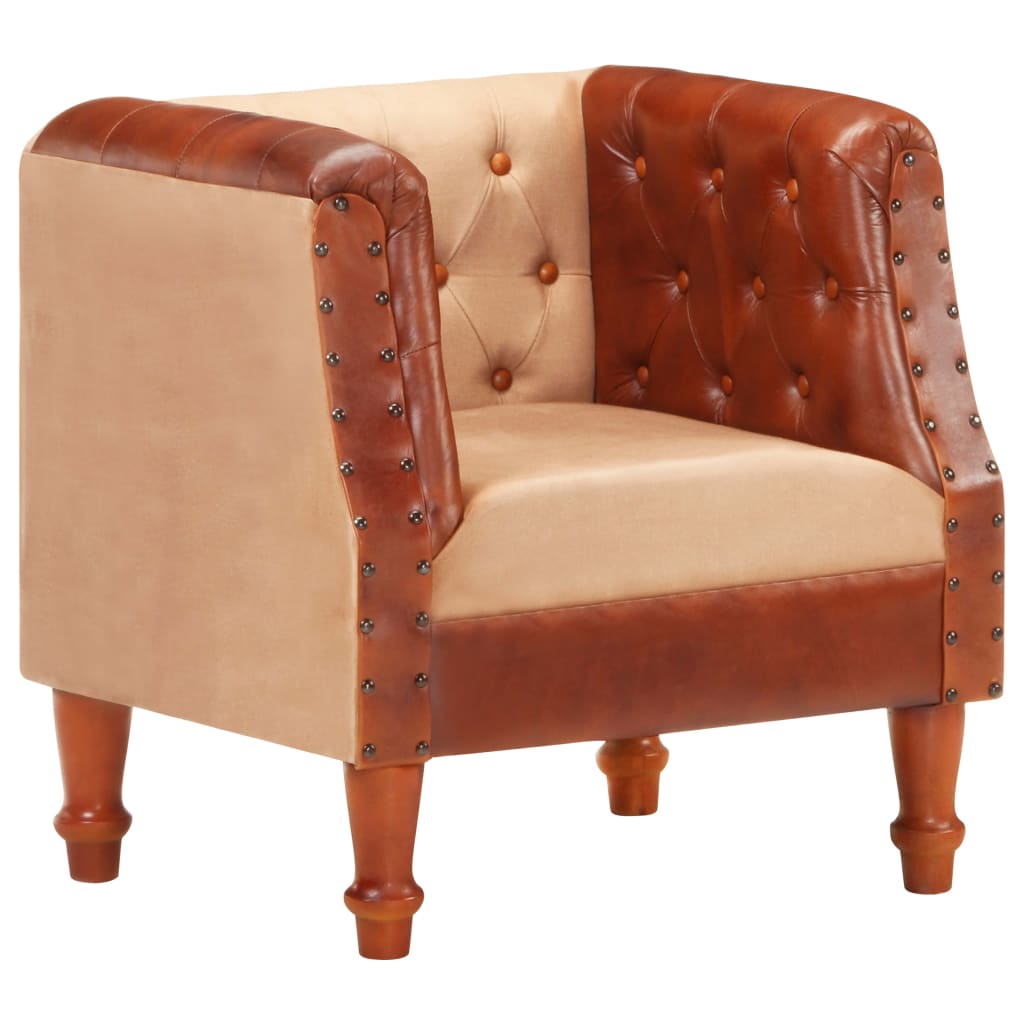 Vetonek Sillón de cuero auténtico y madera maciza de mango marrón