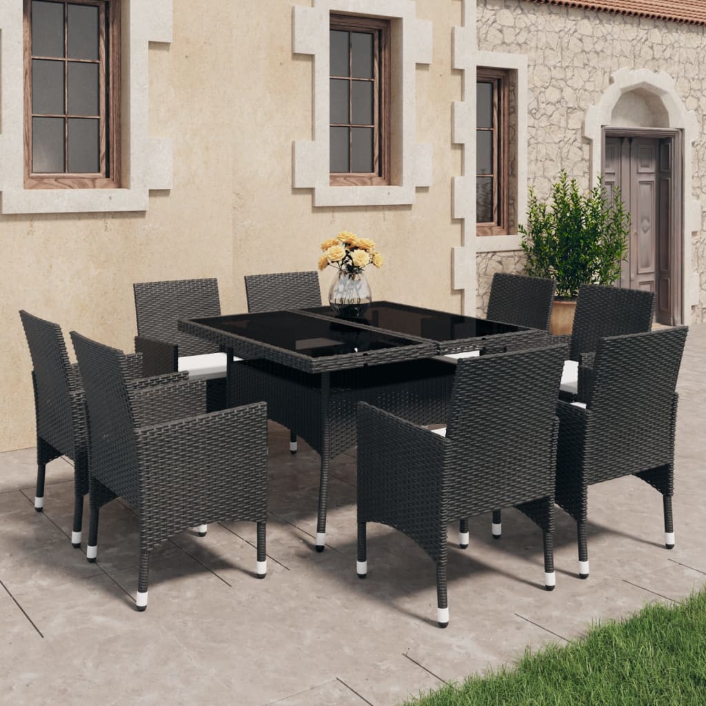 Vetonek Set de comedor de jardín 9 piezas ratán PE y vidrio negro 