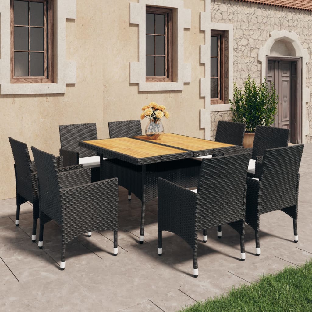 Vetonek Set de comedor de jardín 9 pzas ratán PE y madera acacia negro 