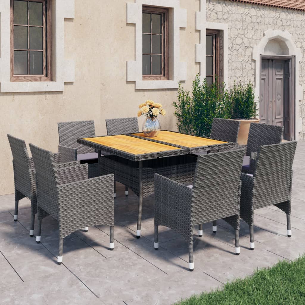 Vetonek Set de comedor de jardín 9 pzas ratán PE y madera acacia gris 