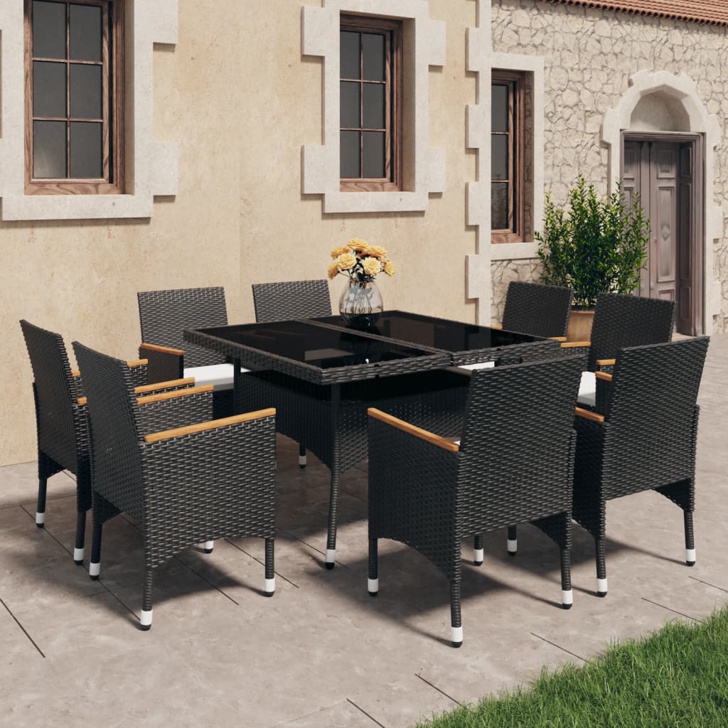 Vetonek Set de comedor de jardín 9 pzas ratán PE y madera acacia negro 