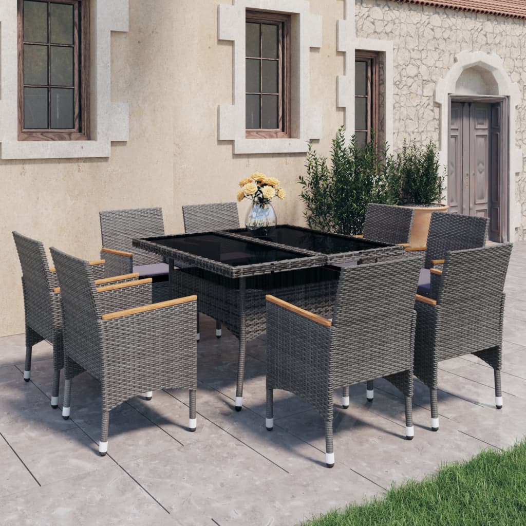 Vetonek Set de comedor de jardín 9 pzas ratán PE y madera acacia gris 