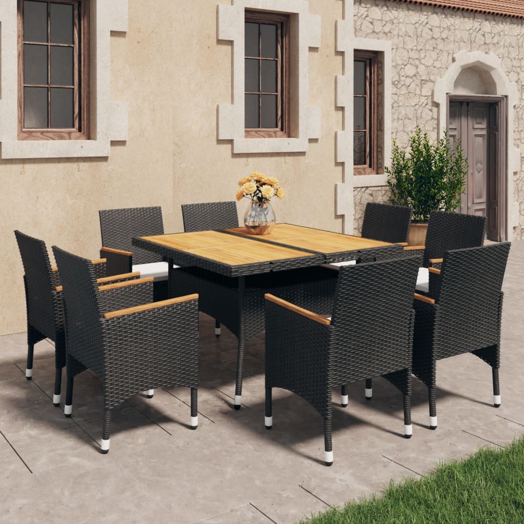 Vetonek Set de comedor de jardín 9 pzas ratán PE y madera acacia negro 