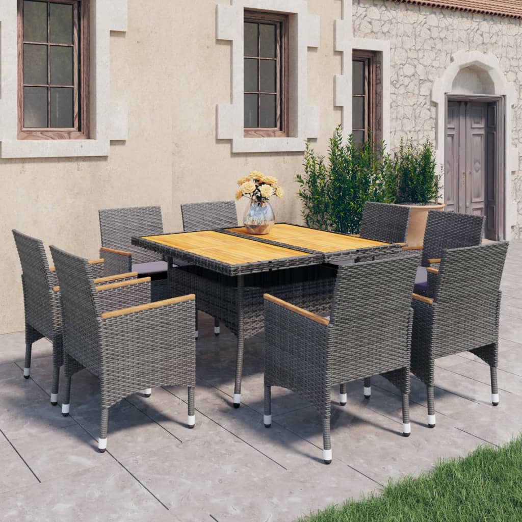 Vetonek Set de comedor de jardín 9 pzas ratán PE y madera acacia gris 