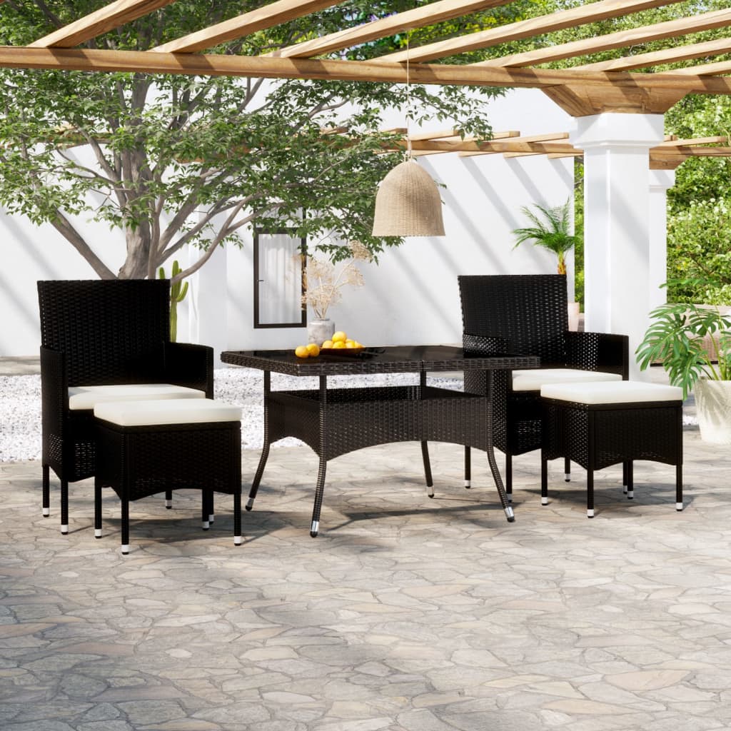 Set comedor jardín 5 pzas ratán sintético vidrio templado negro vidaXL