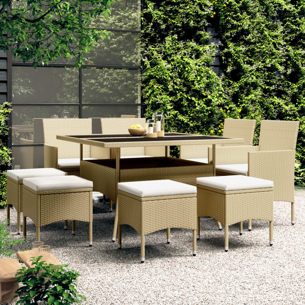 Vetonek Juego de comedor de jardín 9 piezas ratán sintético beige