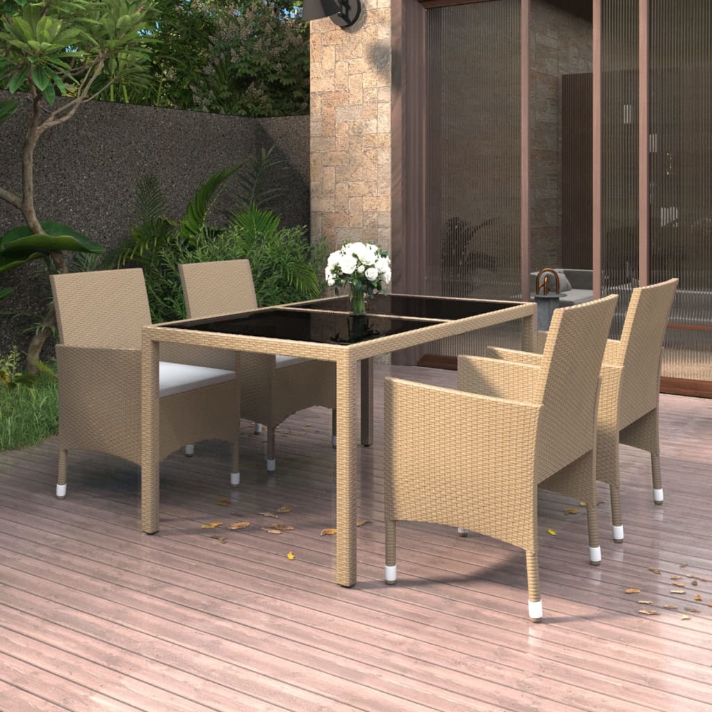 Vetonek Set de comedor de jardín 5 pzas ratán sintético vidrio beige