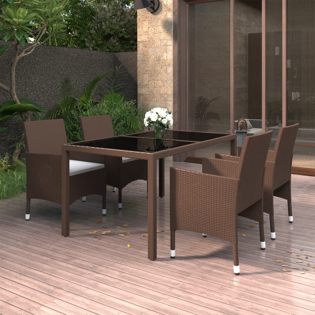 Vetonek Set de comedor de jardín 5 pzas ratán sintético vidrio marrón