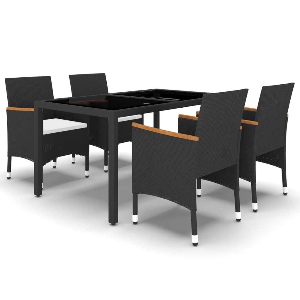 Set de comedor de jardín 5 pzas ratán PE vidrio templado negro vidaXL