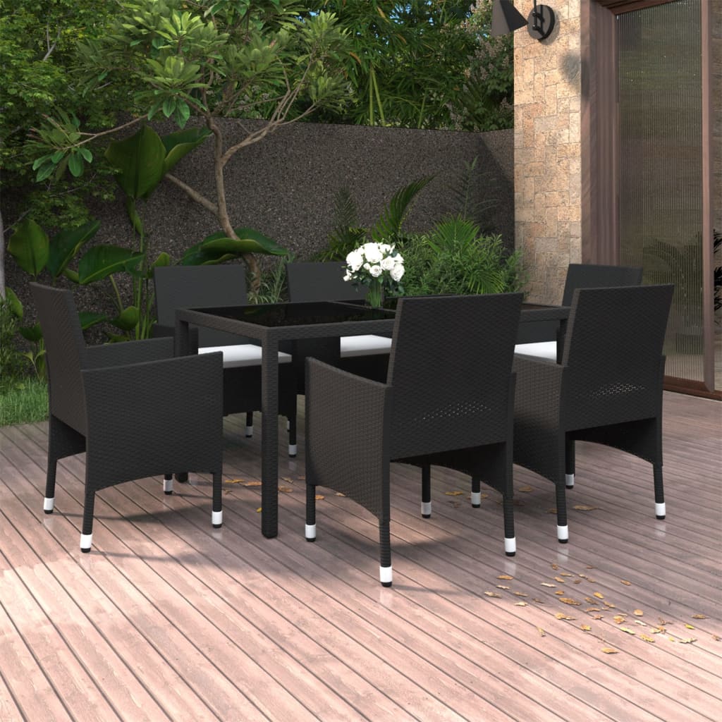 Vetonek Set de comedor de jardín 7 pzas ratán sintético vidrio negro