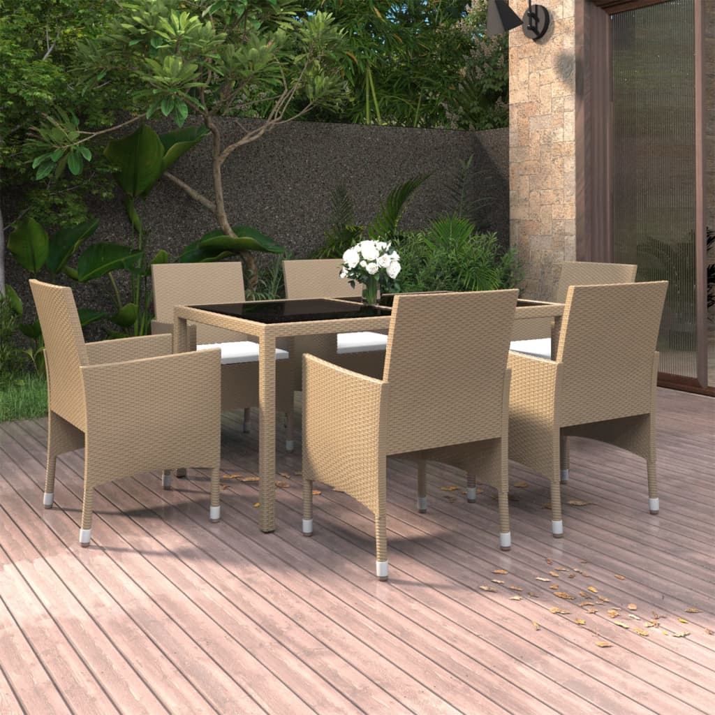 Vetonek Set de comedor de jardín 7 pzas ratán sintético vidrio beige