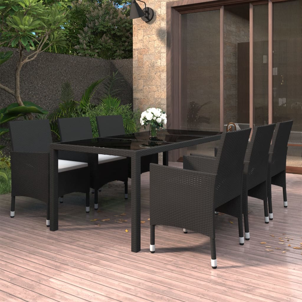 Vetonek Set de comedor de jardín 7 pzas ratán sintético vidrio negro