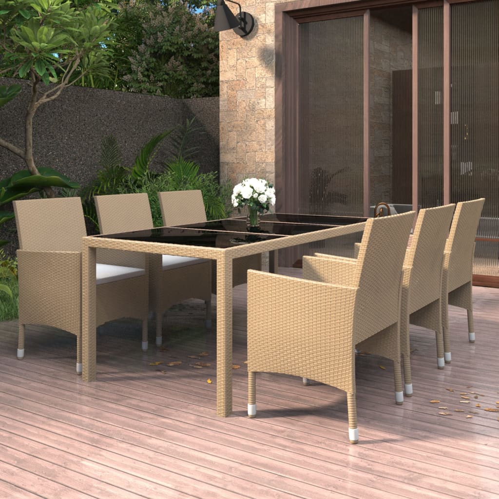 Vetonek Set de comedor de jardín 7 pzas ratán sintético vidrio beige