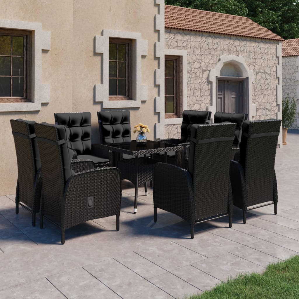 Vetonek Set de comedor de jardín 9 piezas ratán PE y vidrio negro