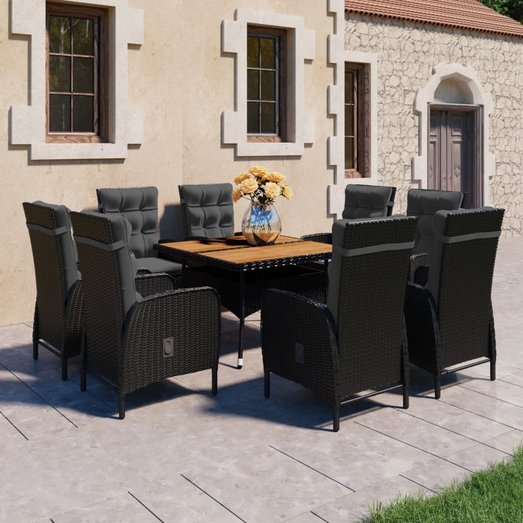 Vetonek Set de comedor de jardín 9 pzas ratán PE y madera acacia negro