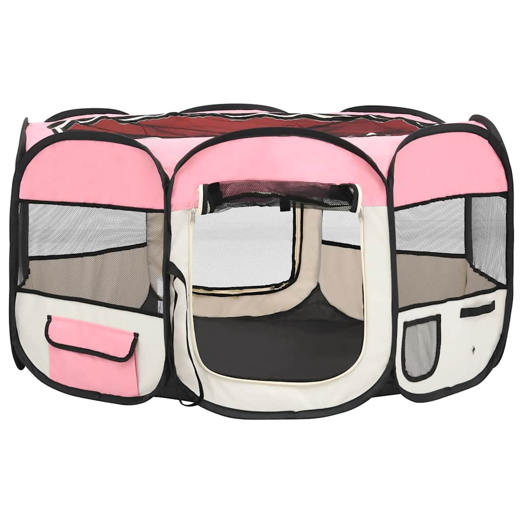 Parque de cachorro dobrável e bolsa de transporte rosa 125x125x61cm