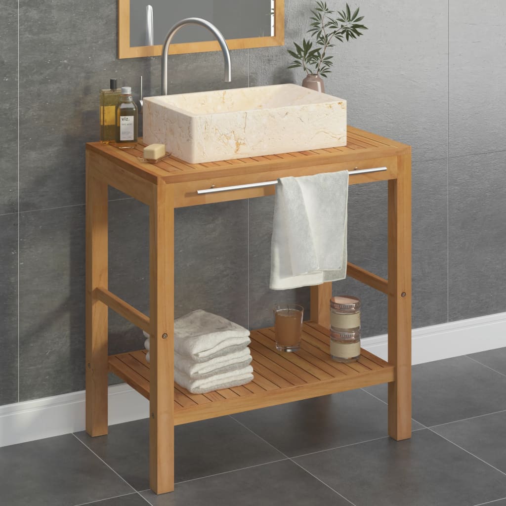 Vetonek Mueble tocador madera teca maciza con lavabo de mármol crema