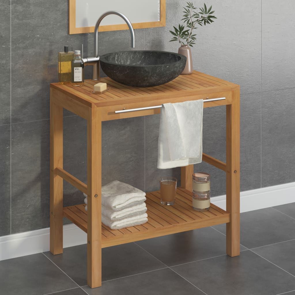 Vetonek Mueble tocador madera teca maciza con lavabo de mármol negro