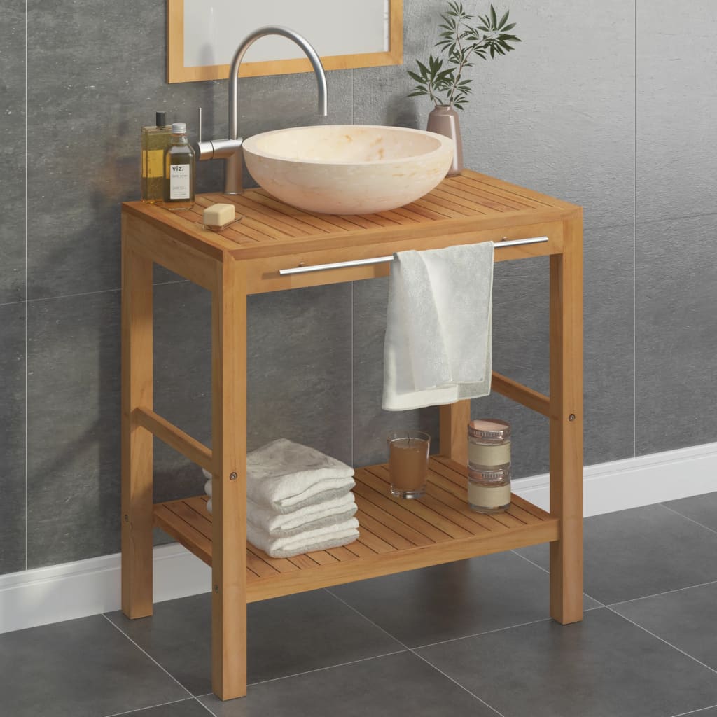 Vetonek Mueble tocador madera teca maciza con lavabo de mármol crema